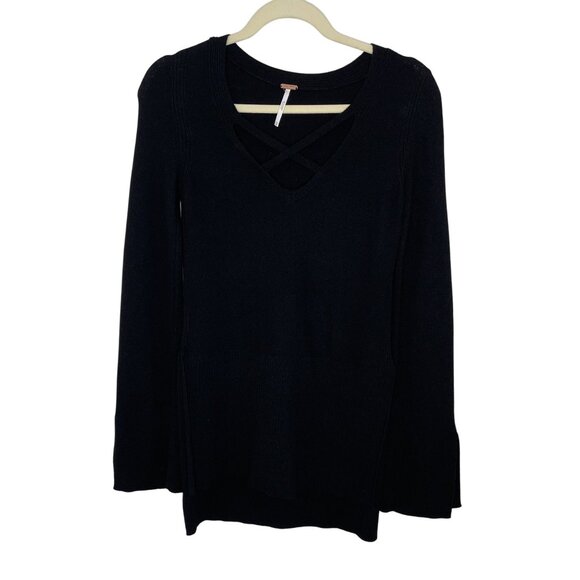Free People Black V-Neck Sweater With Cross-Front Detail, XS - Picture 1 of 10